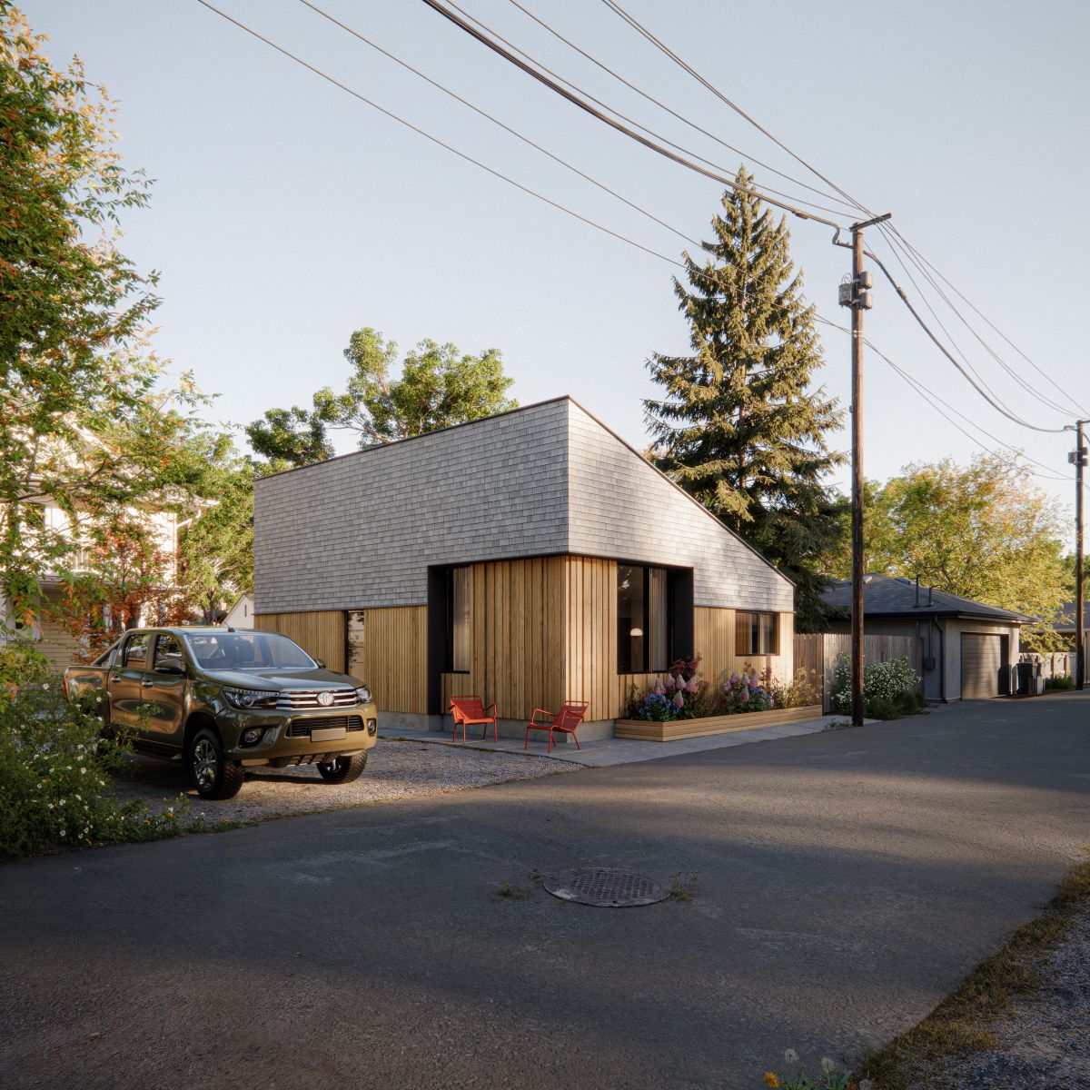 A 3D rendering ofa  single storey building with exterior that showcases wooden slats and light gray shingles, large windows.